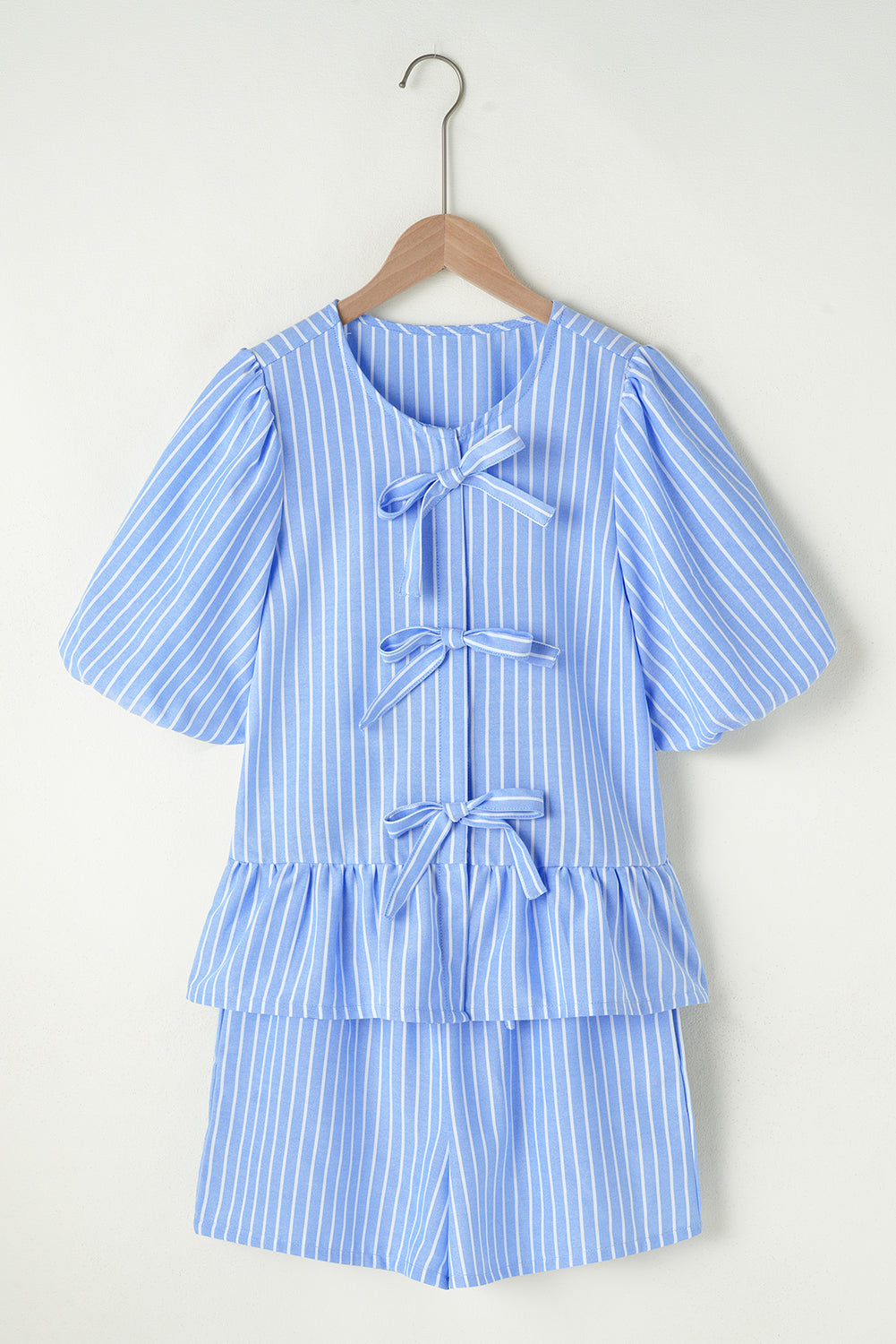 Sky Blue Striped Bowknot Detail Puffy Sleeve Top and Shorts 2Pcs Set