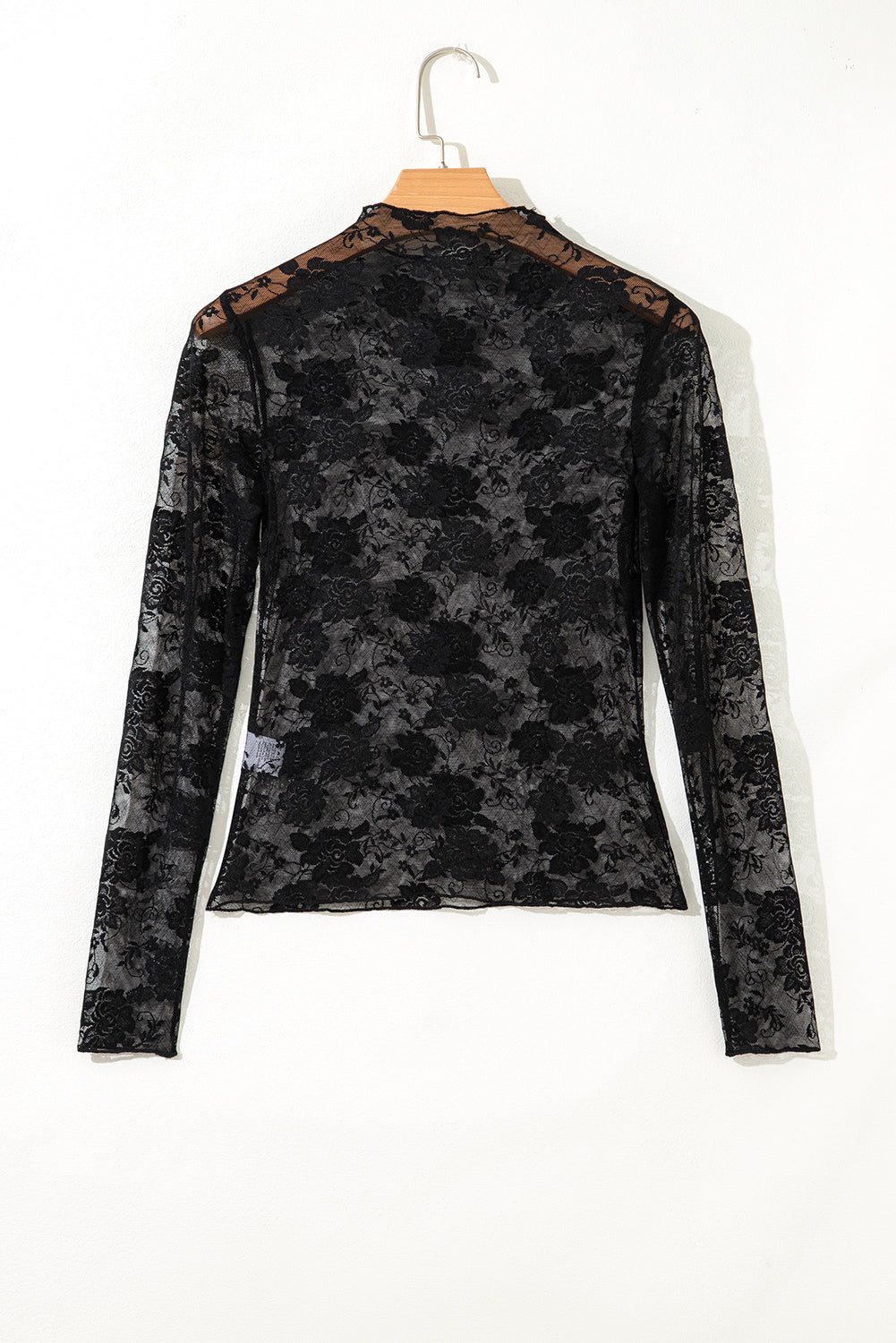 Black Sheer Floral Lace Mesh Mock Neck Long Sleeve Top