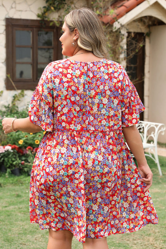 Red Dainty Flower Printed Plus Size Short Sleeve Shift Dress