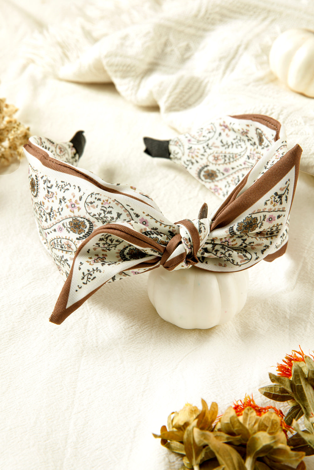 White Bohemian Floral Print Satin Bow Knot Hairband