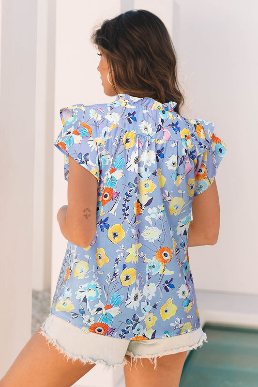 Sky Blue Flutter Sleeve V Neck Floral Top