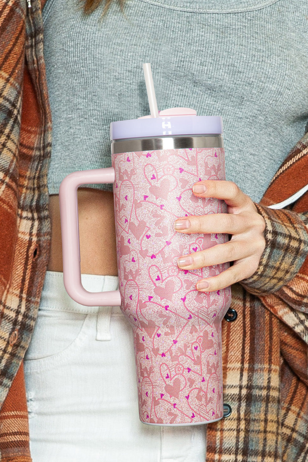 Apricot Pink Valentine Heart Shaped Print Stainless Steel Vacuum Cup 40oz