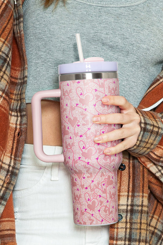 Apricot Pink Valentine Heart Shaped Print Stainless Steel Vacuum Cup 40oz