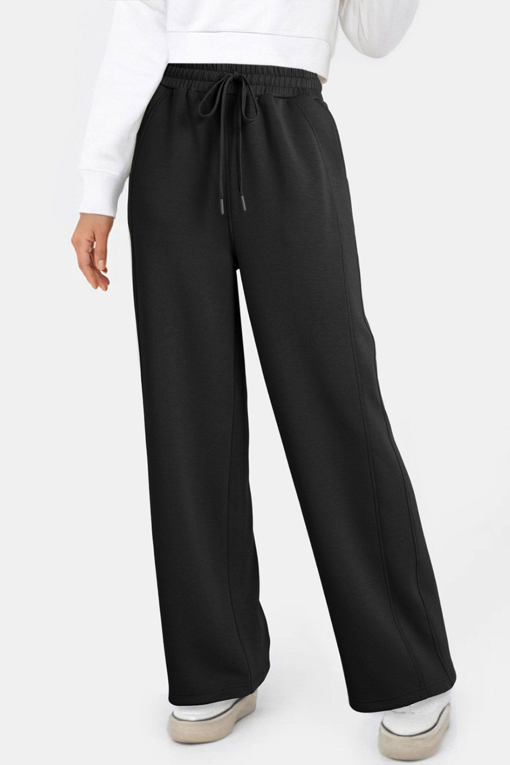 Black Scuba Drawstring Elastic Waistband Solid Color Sweatpants
