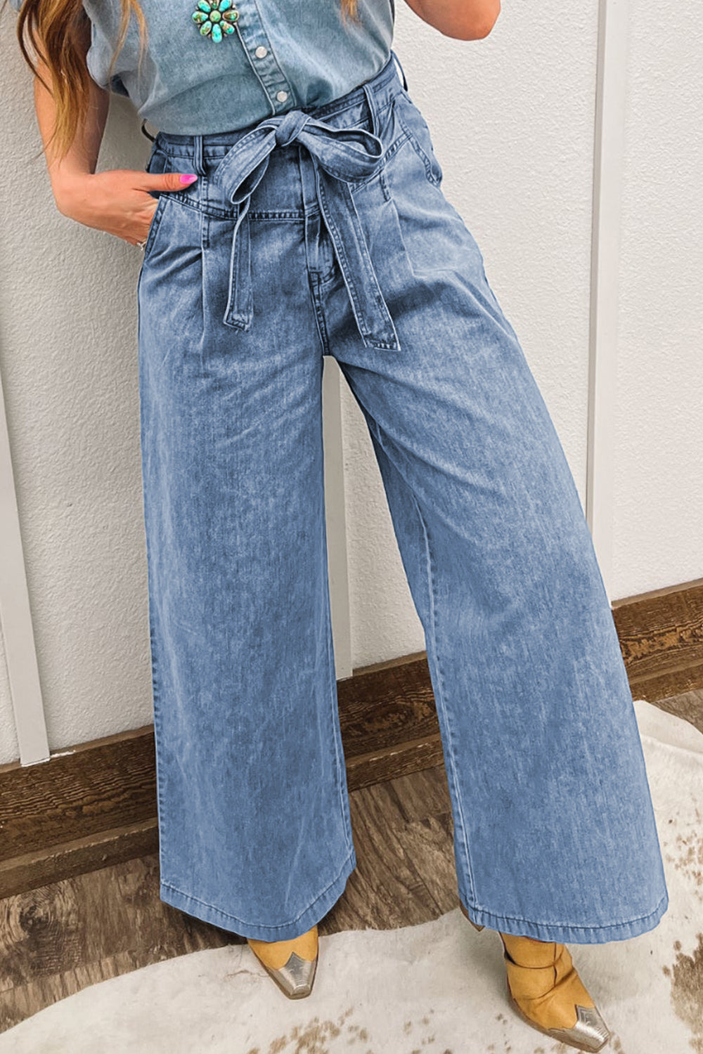 Beau Blue Western Washed Bow Knot Sash Wide Leg Jeans