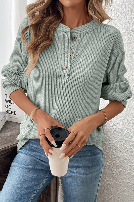Clearly Aqua Ribbed Texture Drop Shoulder Henley Knit Top