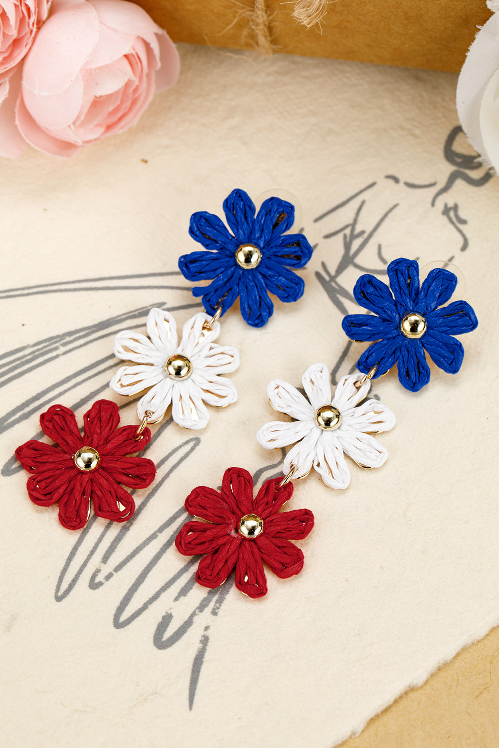 Blue Crochet Flowers Stud Dangle Earrings