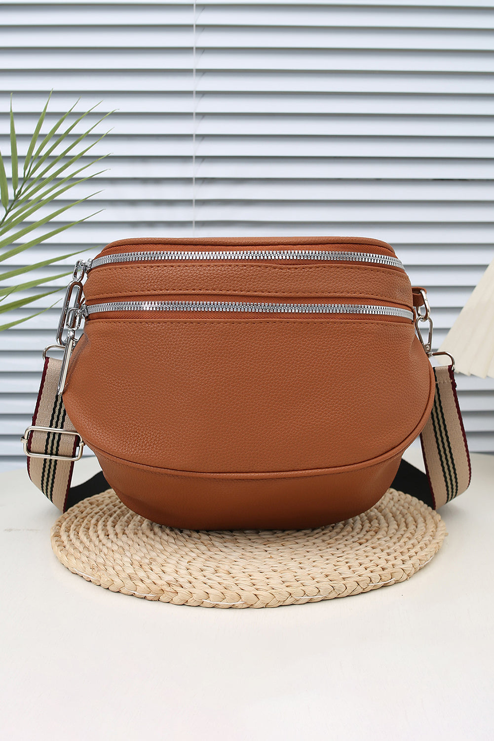 Chestnut PU Leather Double Zipper Crossbody Bag