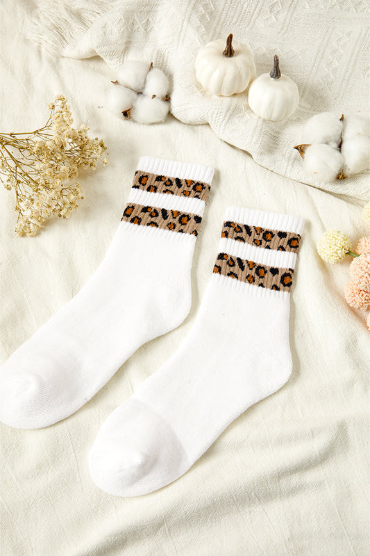 White Leopard Striped Detail Ribbed Cuffs Womens Socks