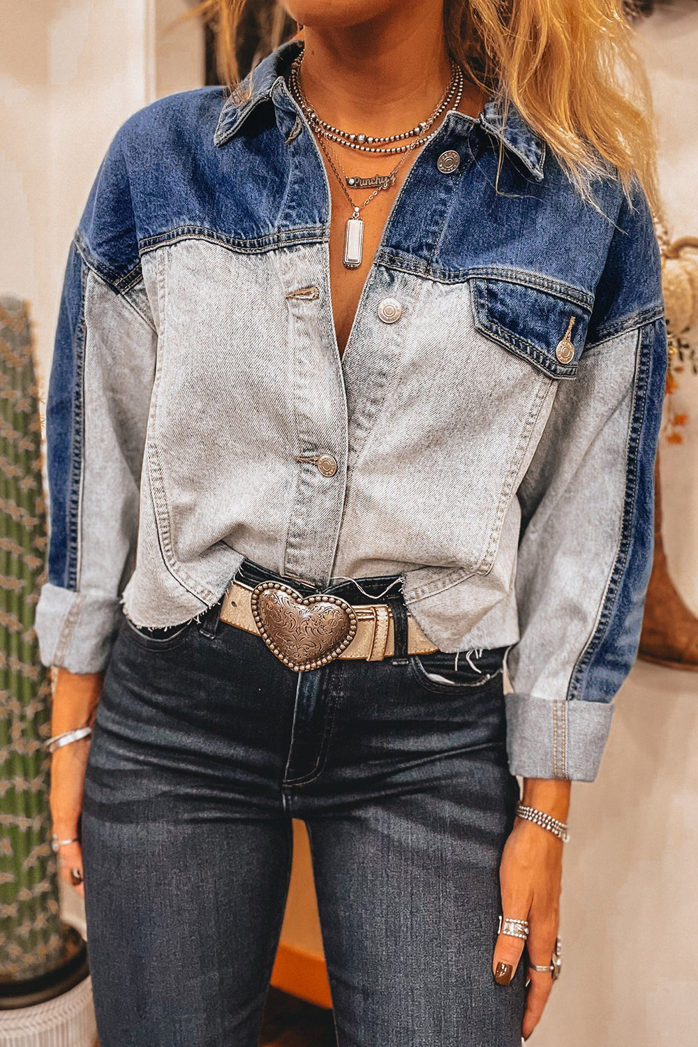 Dusk Blue Color Block Patchwork Flap Detail Distress Denim Jacket