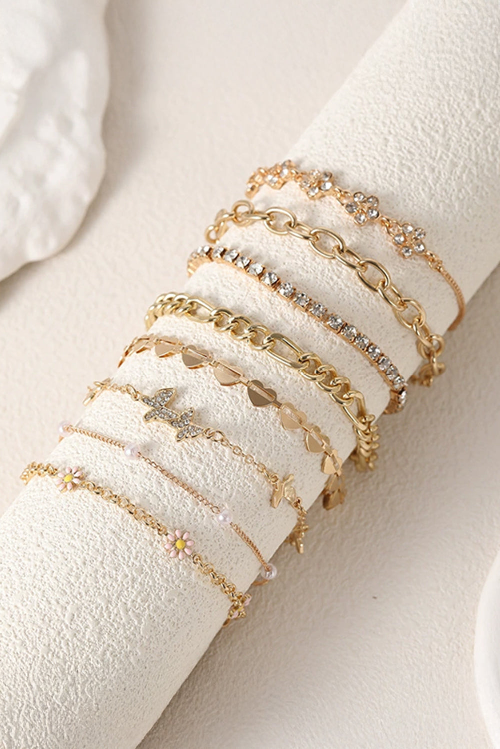 Gold Rhinestone Decor Butterfly Flower Multi Layer Bracelet Set