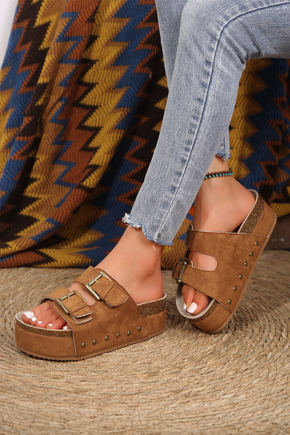 Chestnut Suede Buckle Decor Footbed Sandal Slippers