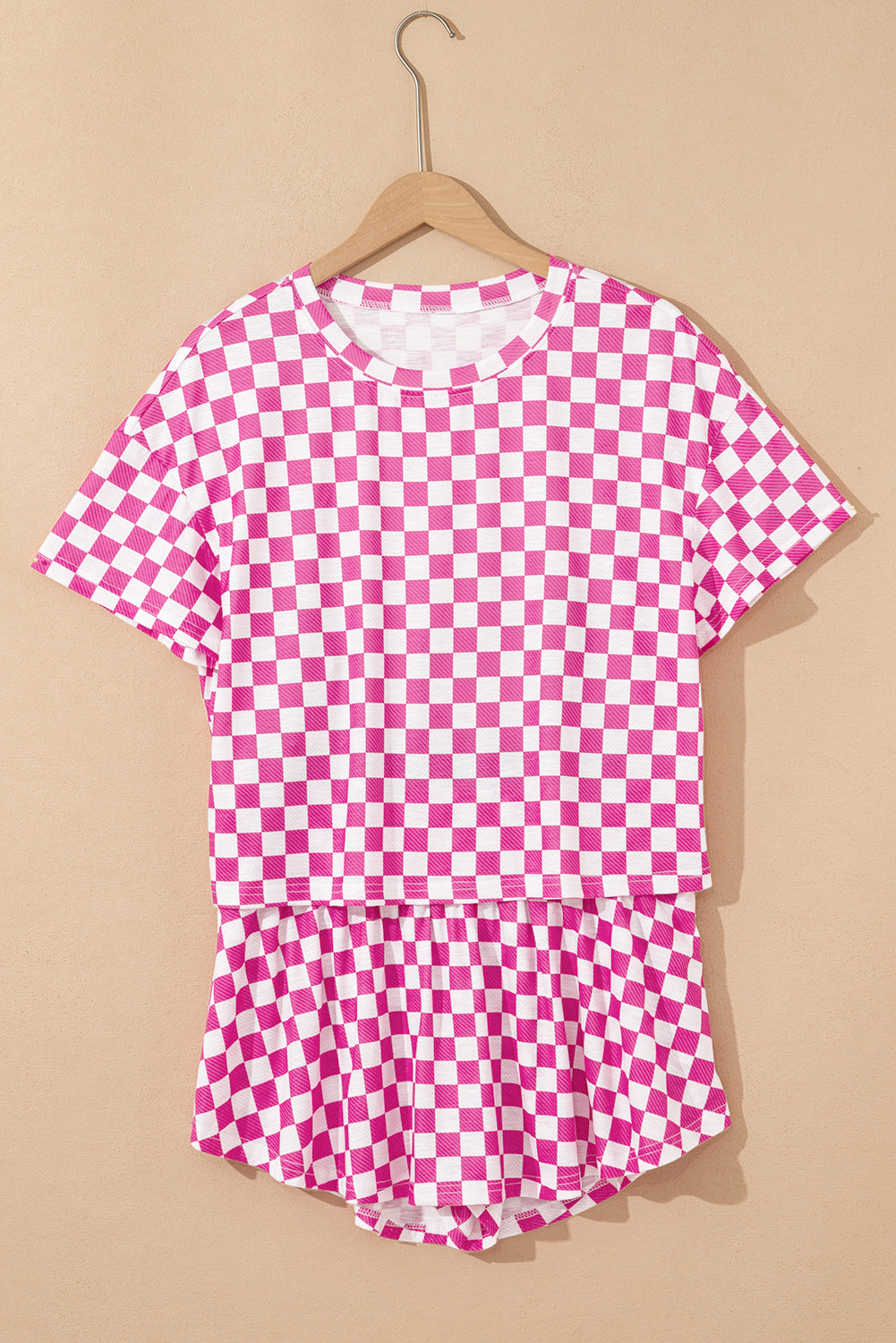 Pink Checkerboard T Shirt and High Waist Skorts 2 Piece Outfit