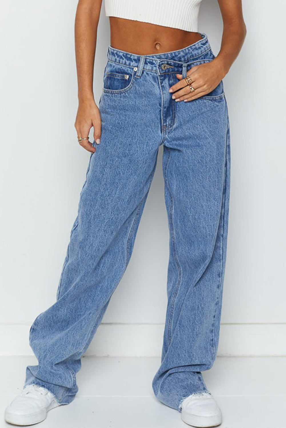 Blue Mid Rise Asymmetrical Waist Wide Leg Jeans
