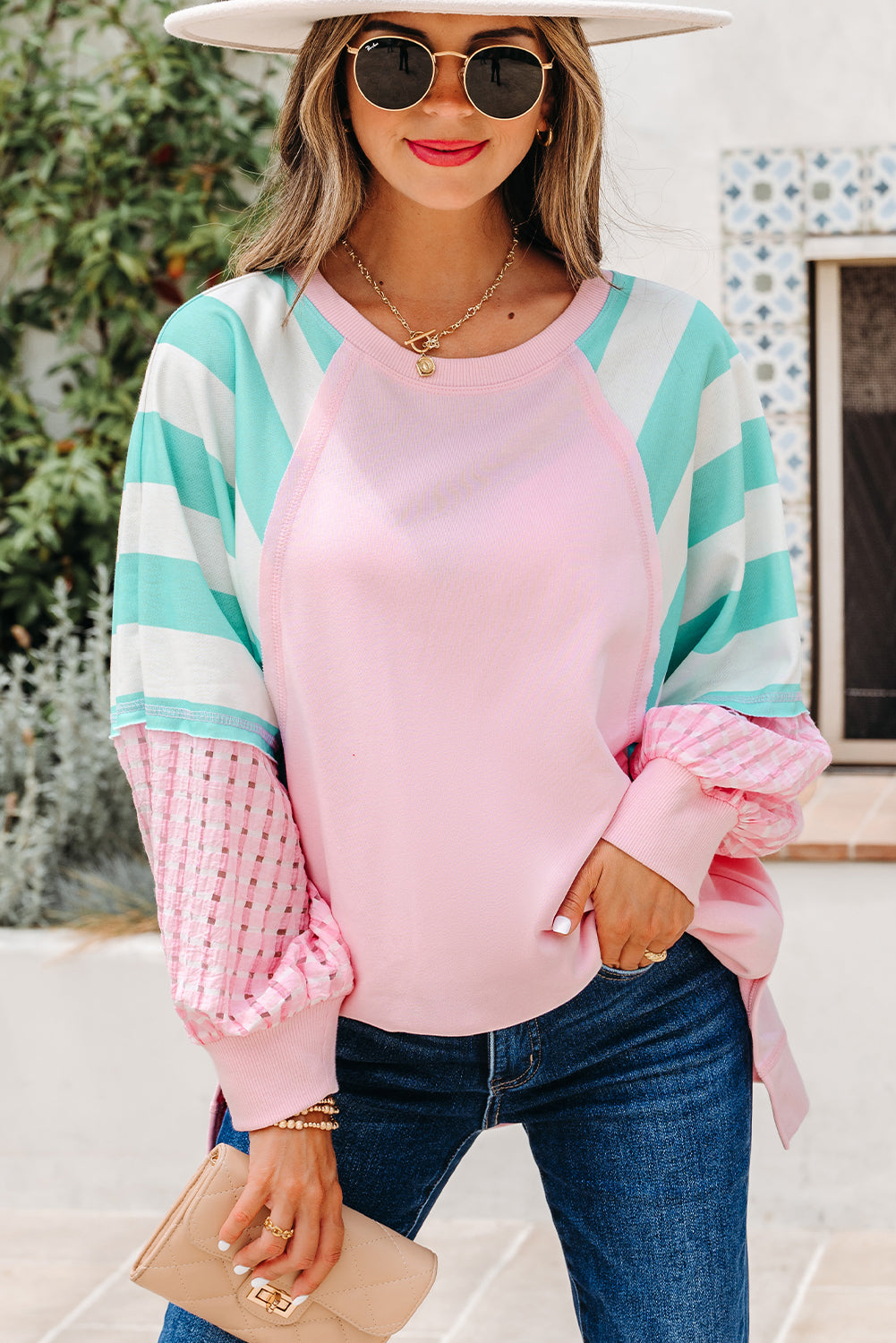 Bonbon Striped Colorblock Patchwork Raglan Pullover Top with Slits