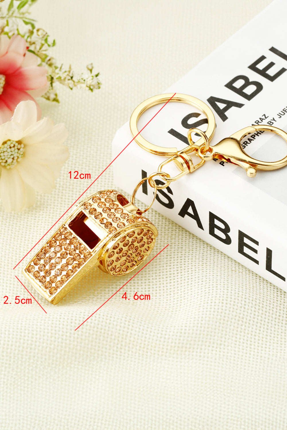 Gold Rhinestone Whistle Pendant Plated Alloy Key Chain