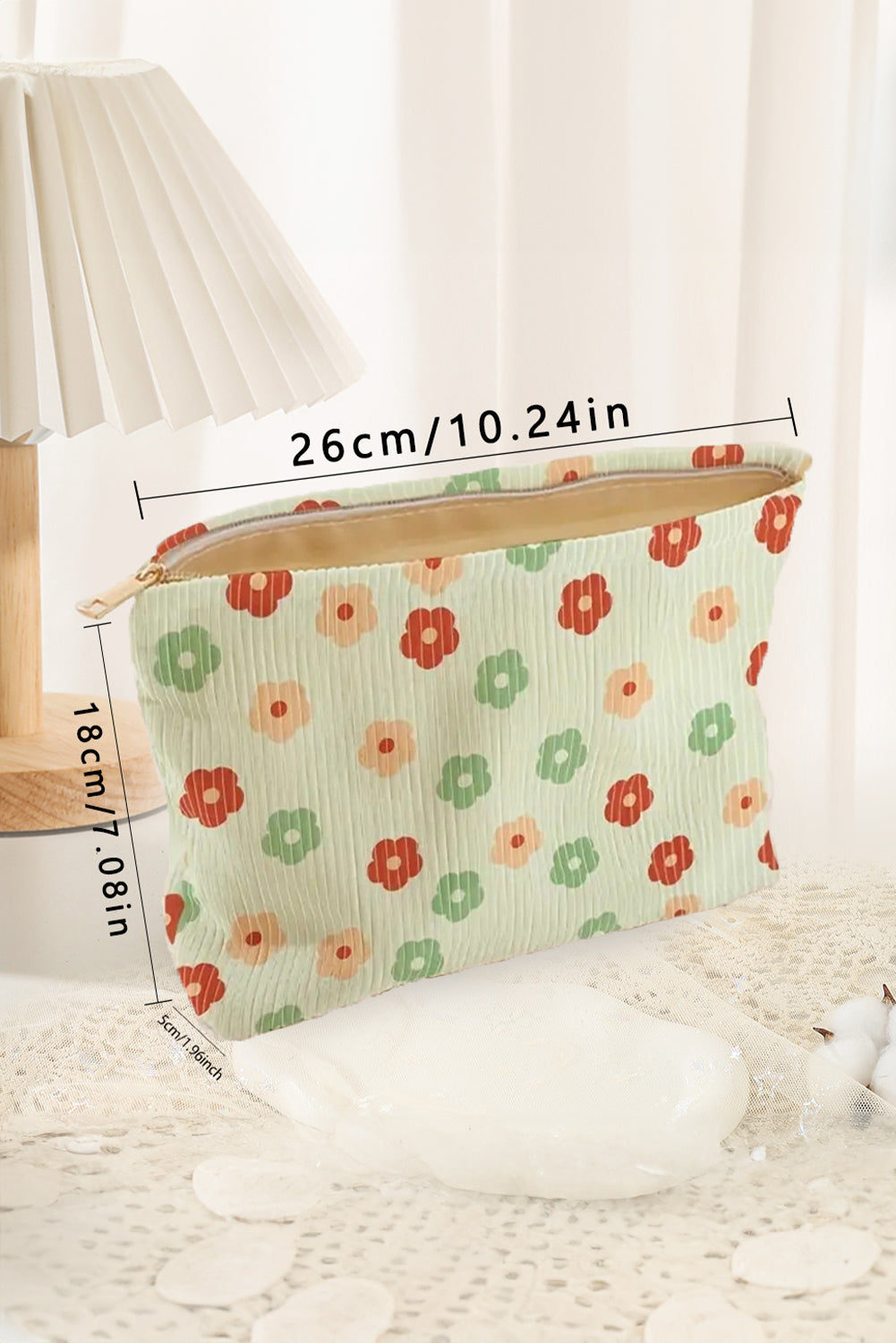 Clearly Aqua Flower Print Corduroy Zipper Makeup Storage Bag