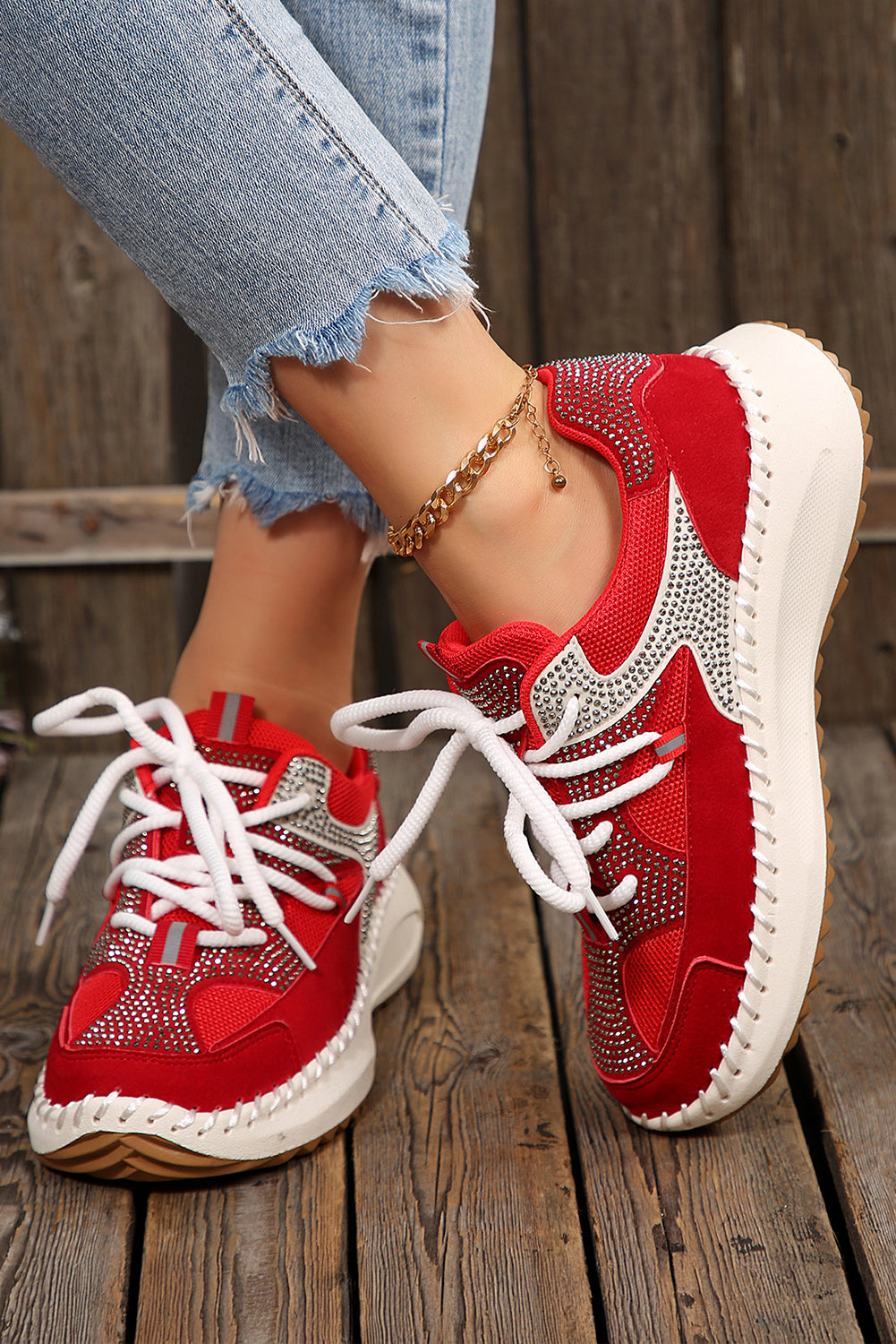 Fiery Red Rhinestone Embellished Color Block Patchwork Lace-up Breathable Sneakers