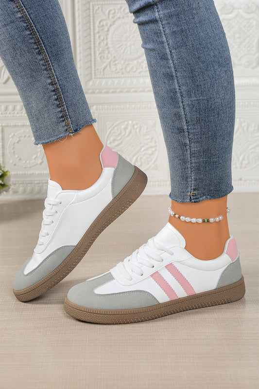 Pink Color Block PU Leather Patchwork Lace Up Flat Shoes