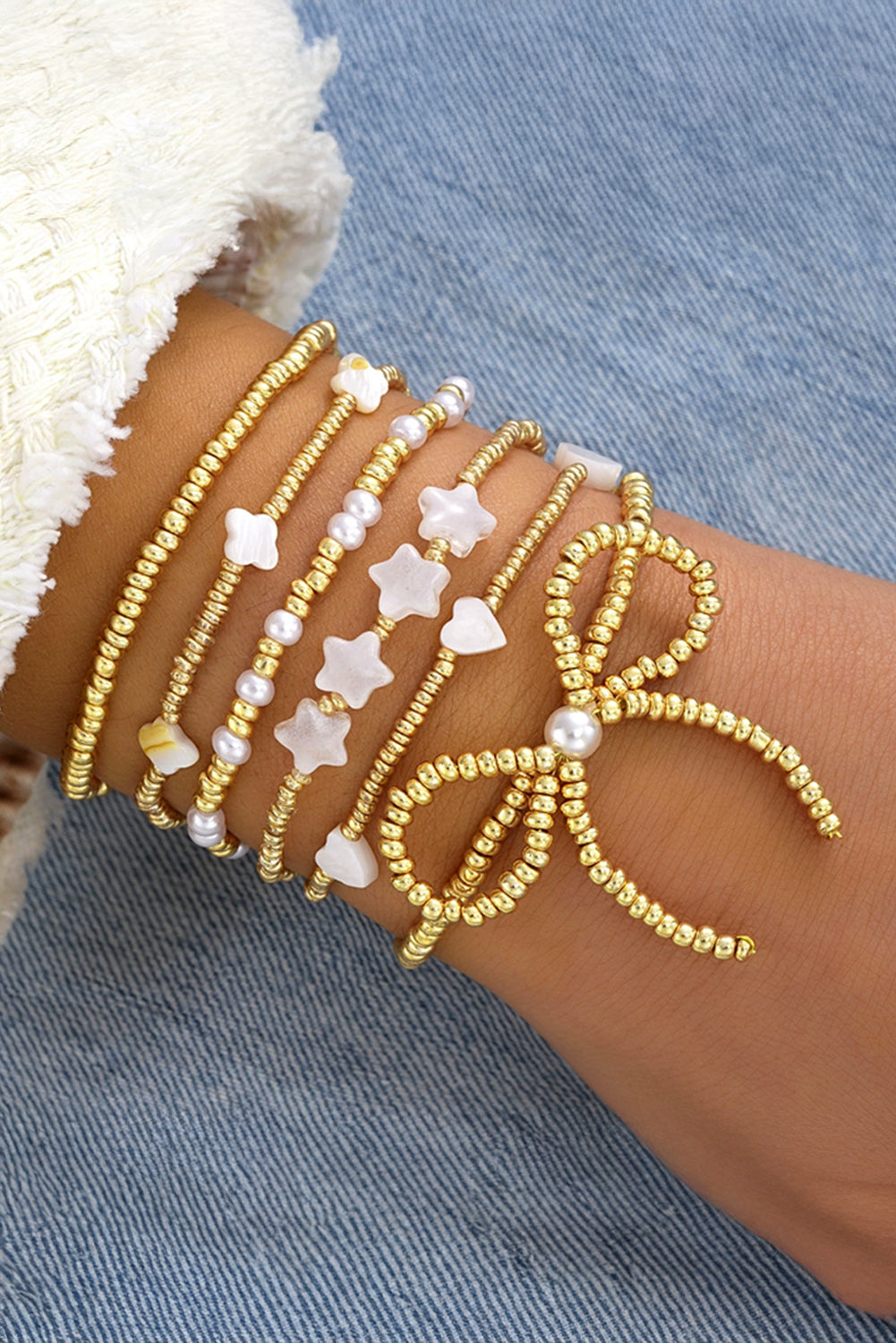 Gold Bow Knot Star Heart Beaded Multi Layer Bracelet