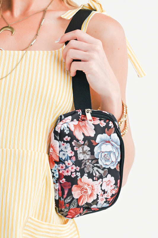 Black Floral Print Zipper Wide Strap Sling Bag