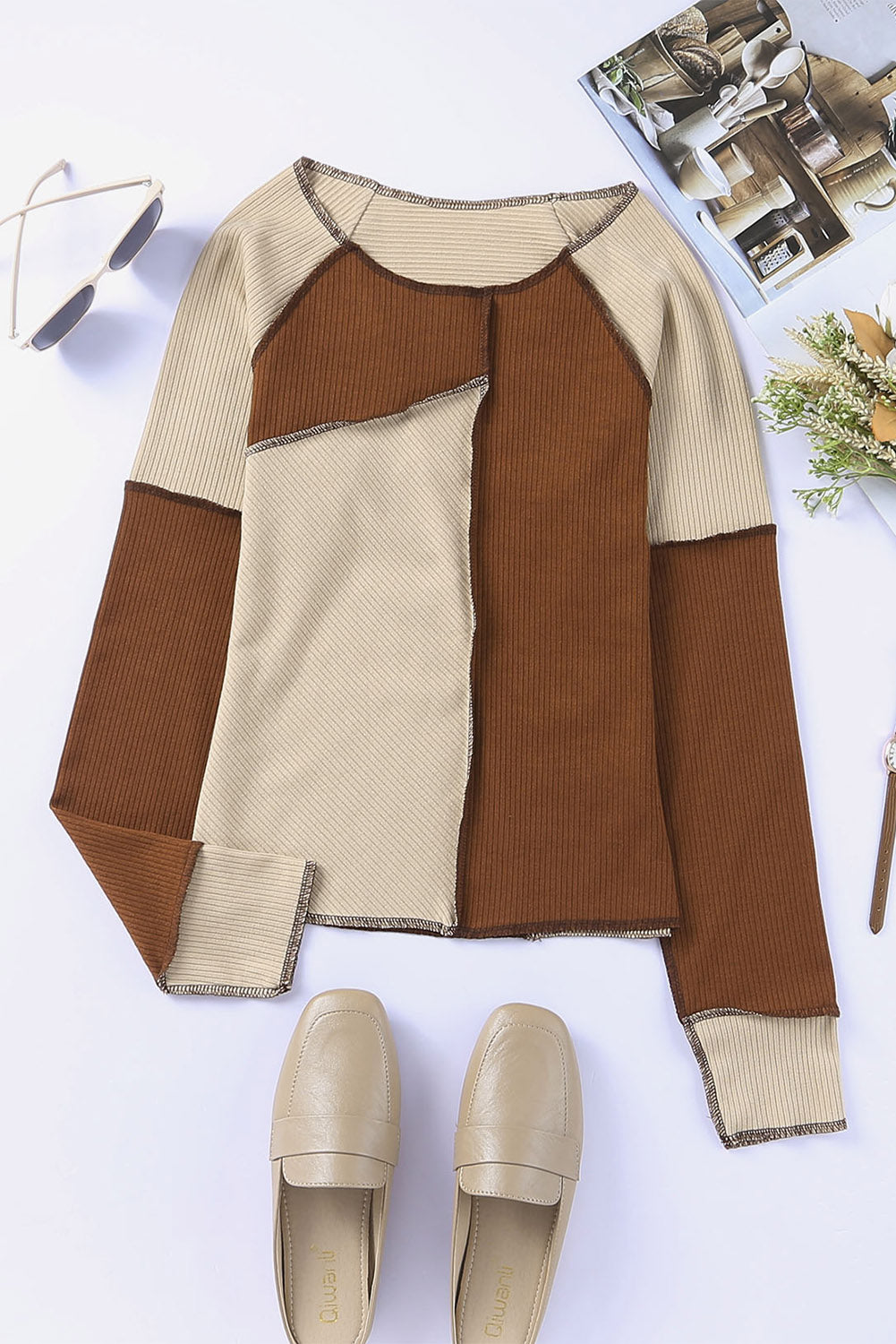 Brown Irregular Color Block Seaming Trim Rib Knit Top