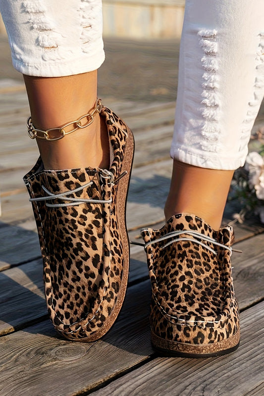 Chestnut Leopard Faux Suede Lace-up Decor Slip On Shoes