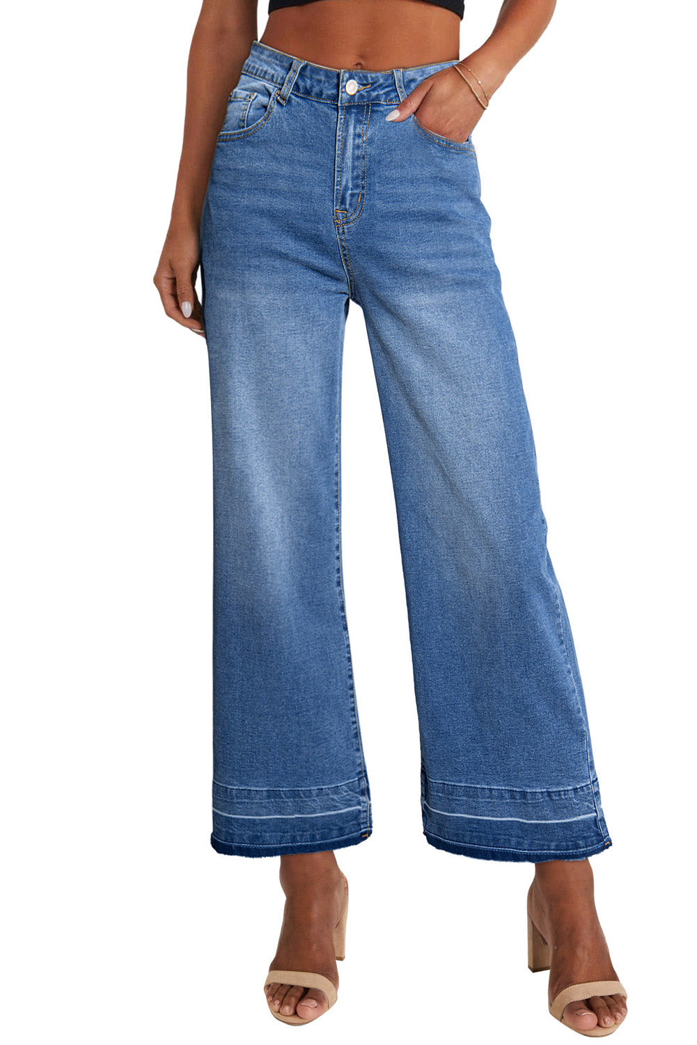 Sail Blue Raw Hem Straight Leg Loose High Waist Jeans