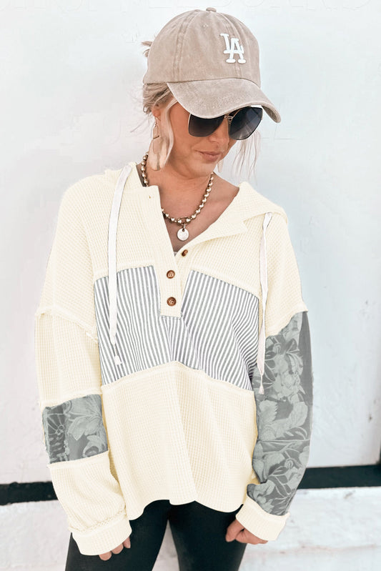 White Waffle Printed Patchwork Drawstring Hooded Long Sleeve Top