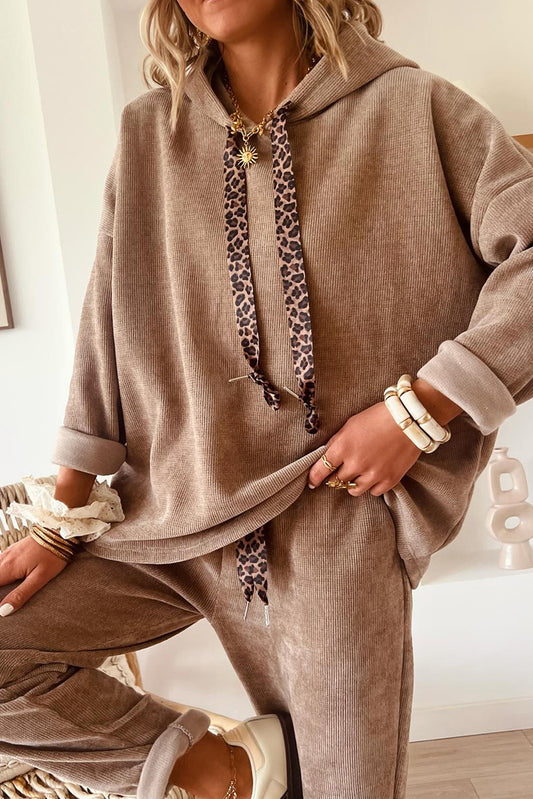 Dark Khaki Leopard Drawstring Pullover Hoodie and High Waist Pants Corduroy Suit