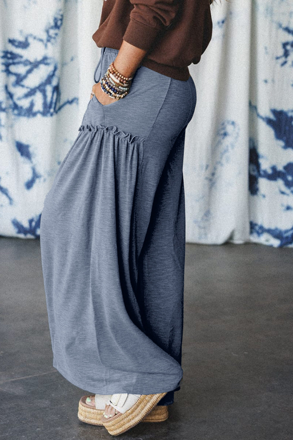 Frilled Detail Wide Leg Drawstring Elastic Waistband Pants