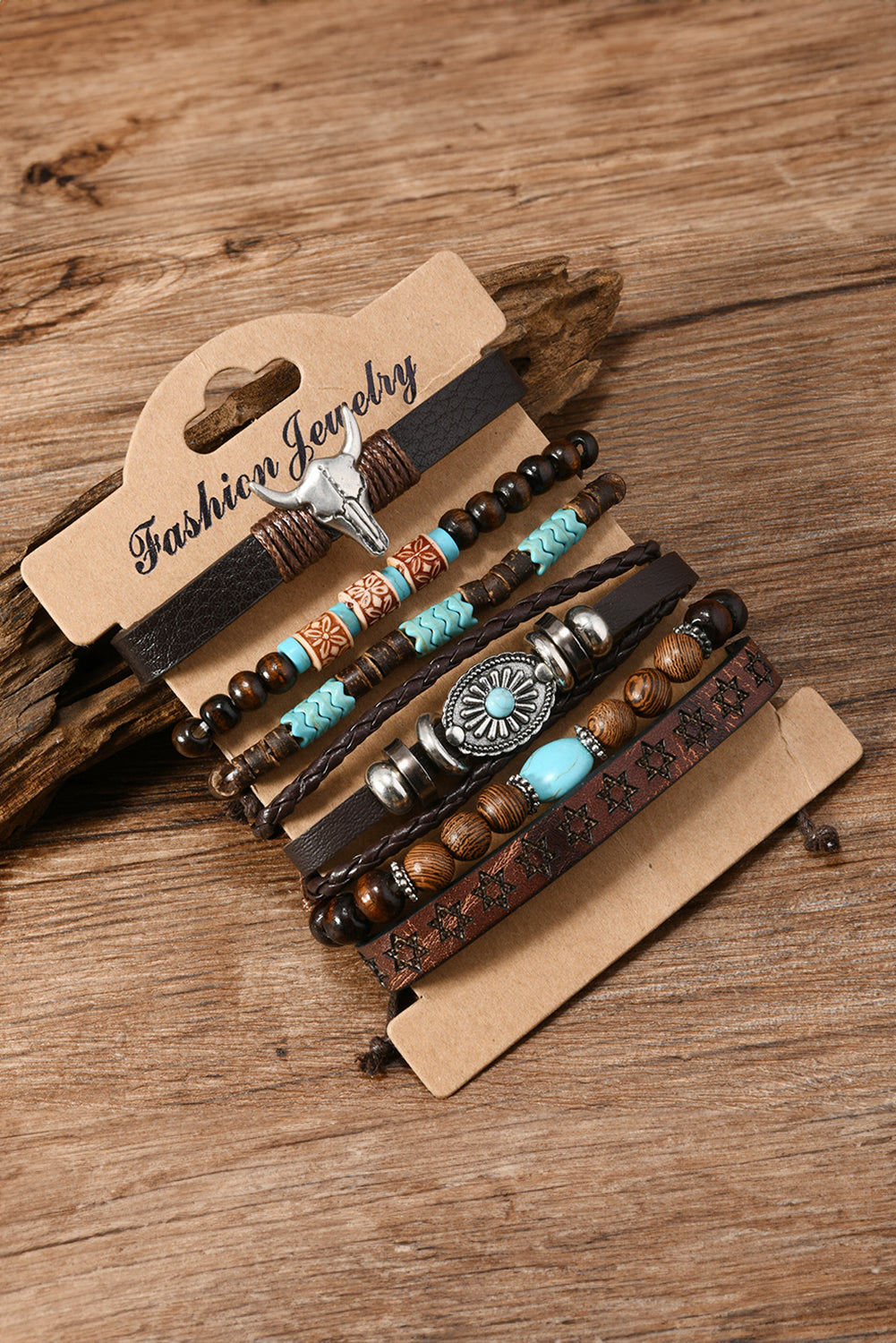 Chestnut 6 Piece Western Bull Skull Turquoise Beading Bracelet