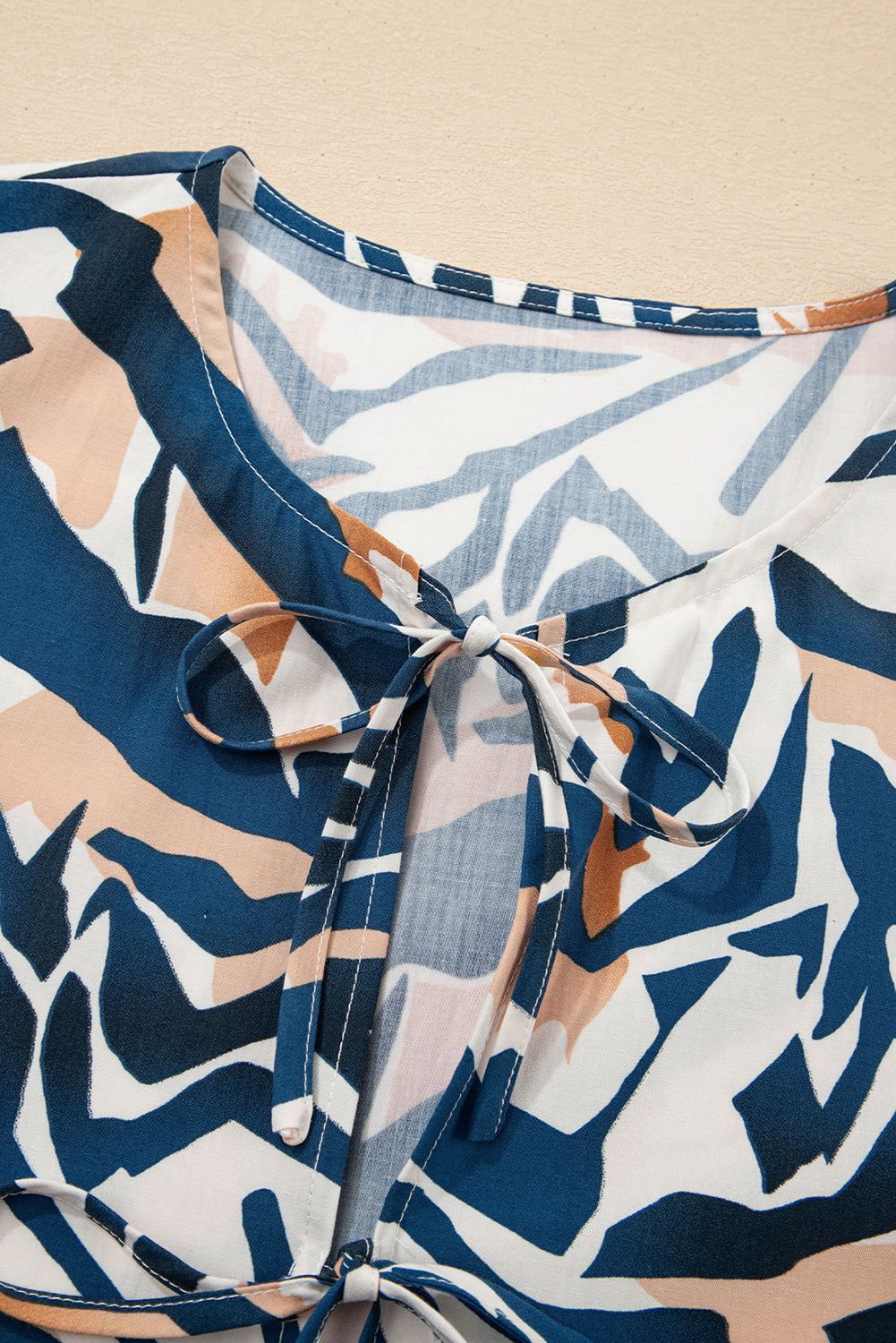 Blue Zebra Print Tied Front Puff Sleeve Top