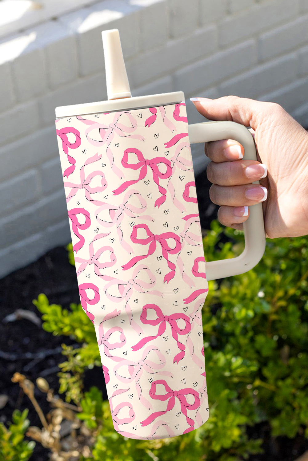 Bright Pink 40oz Cute Bow Print Tiny Heart Flip Straw Handled Vacuum Tumbler