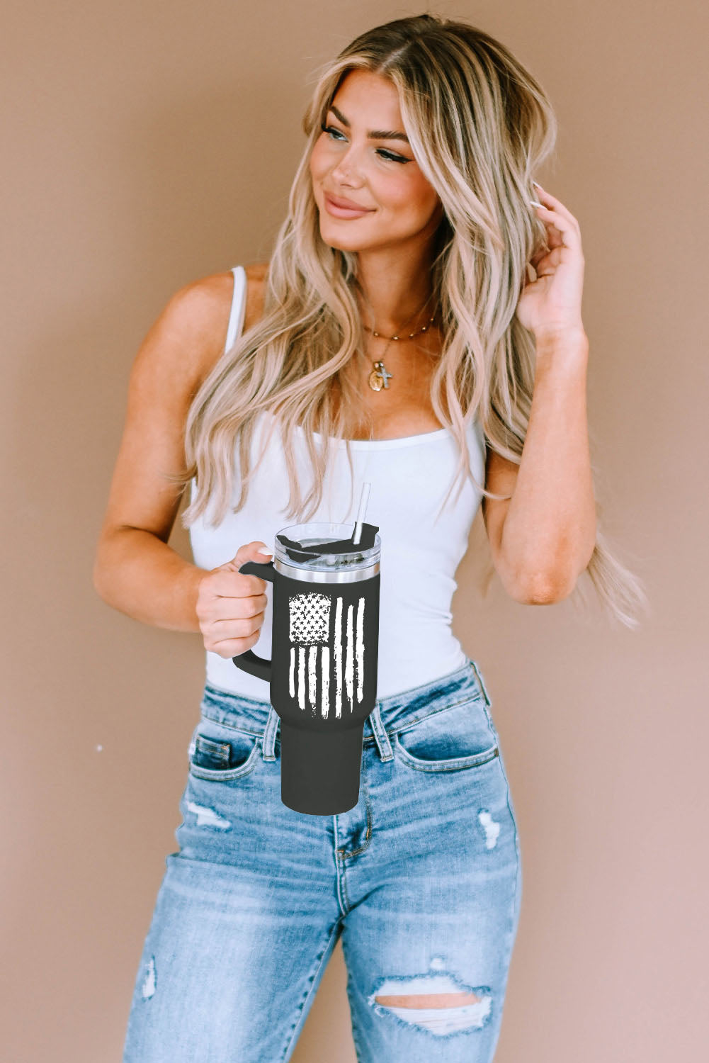 Black American Flag Print Stainless Steel Portable Cup with Handle 40oz