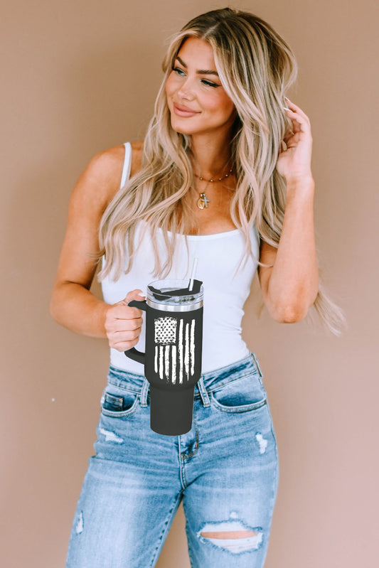 Black American Flag Print Stainless Steel Portable Cup with Handle 40oz