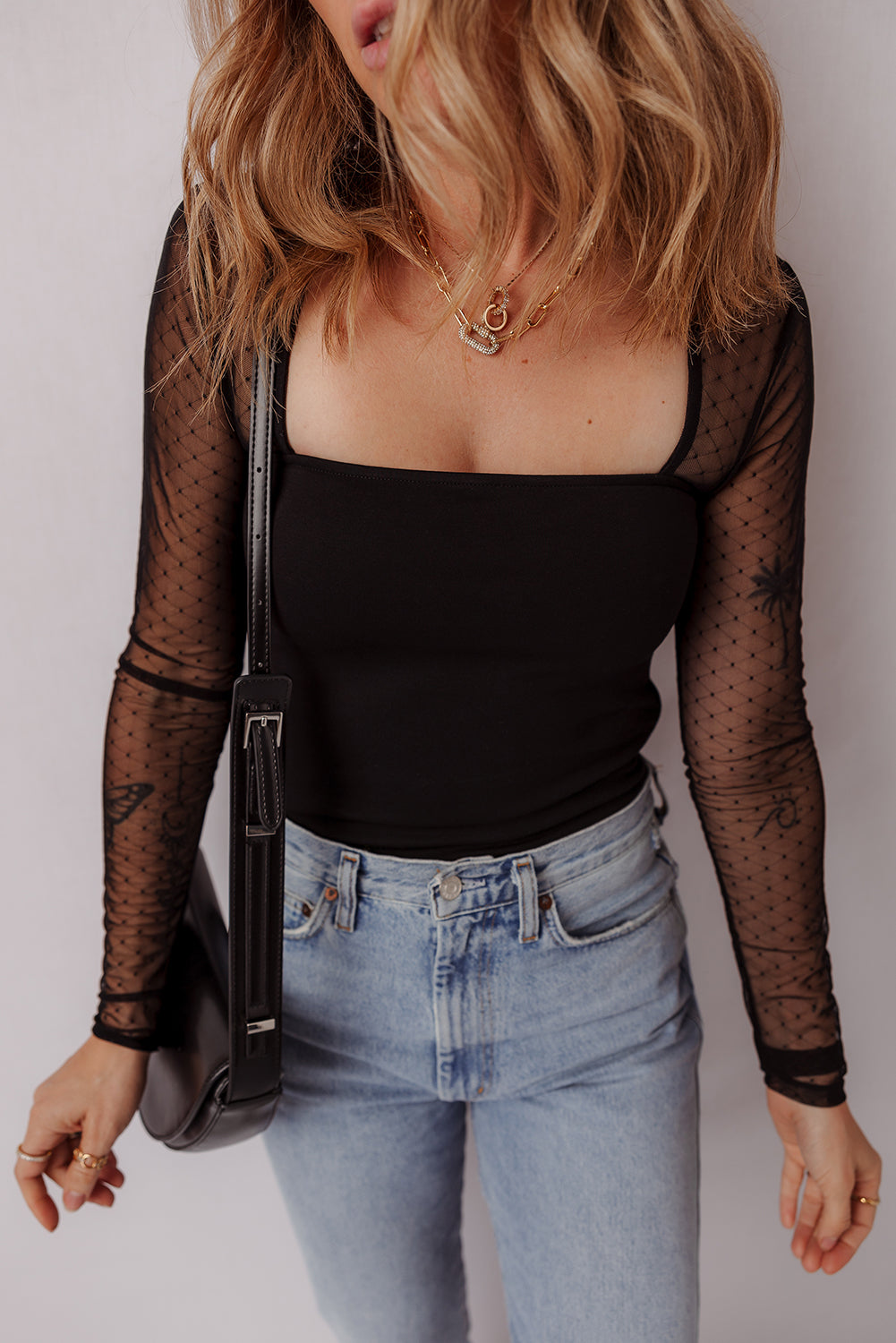 Black Polka Dot Mesh Long Sleeve Square Neck Bodysuit