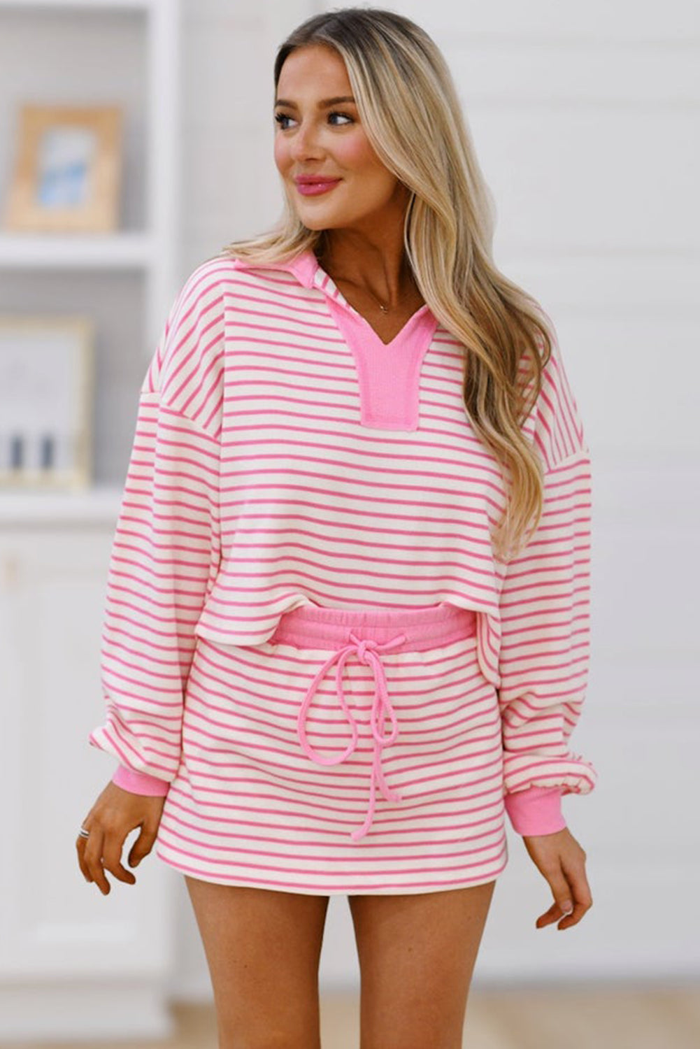 Pink Stripe Collared V Neck Drop Shoulder Pullover and Skort 2pcs Outfit