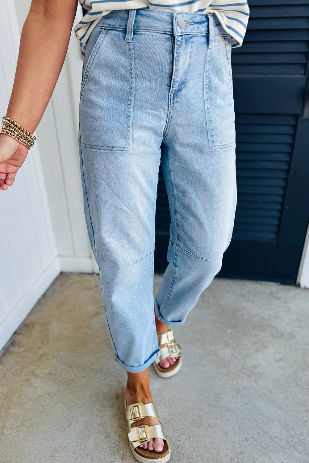 Beau Blue High Rise Barrel Relaxed Patch Pocket Jeans
