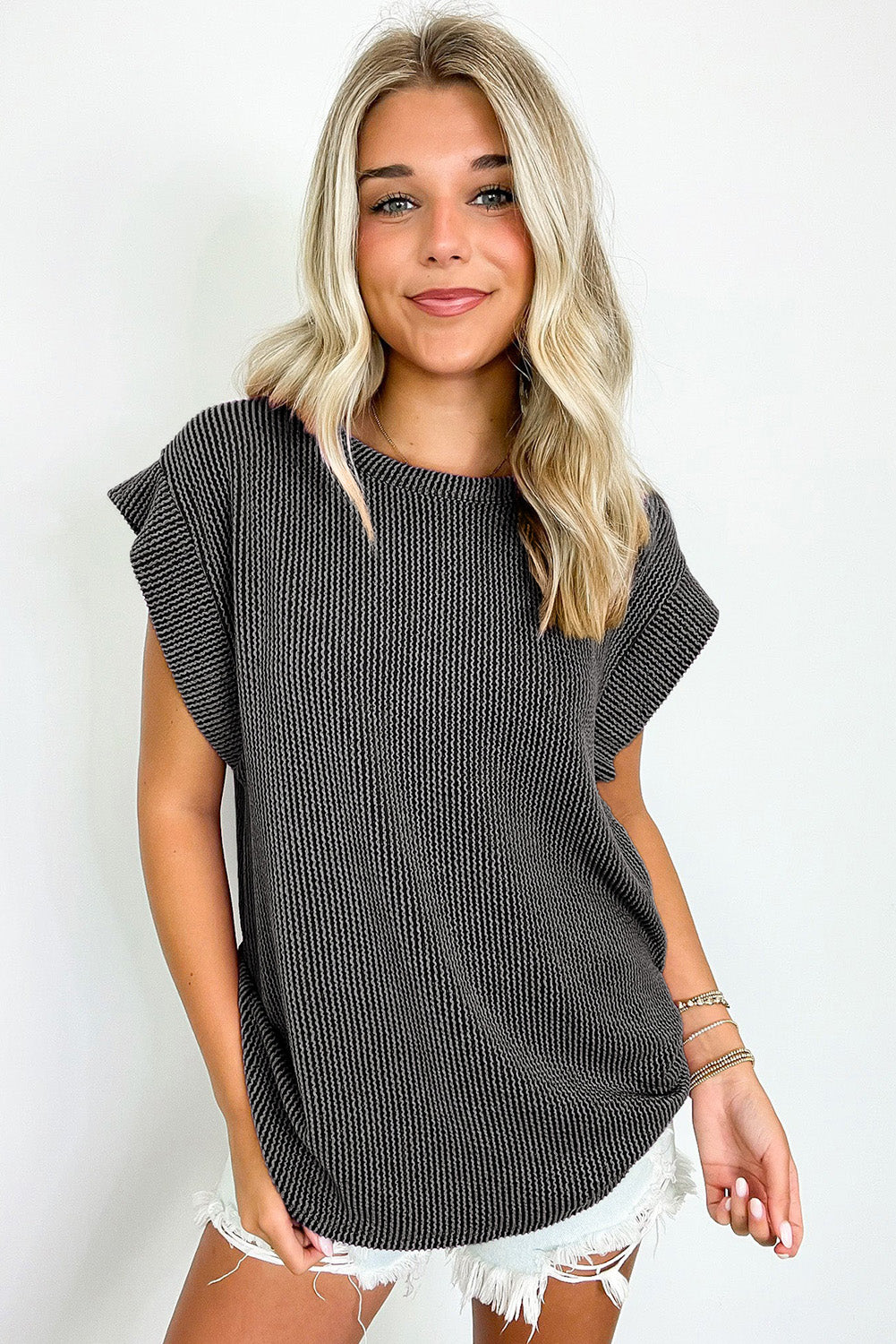 Carbon Grey Twisted Rib Wide Sleeve Crew Neck T Shirt