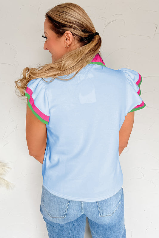 Beau Blue Color Contrast Ruffled Sleeve Collared V Neck Blouse