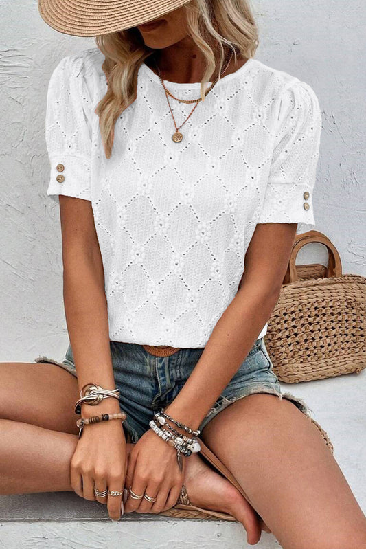 White Flower Geometric Textured Button Short Sleeve Top