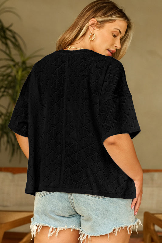 Black Pointelle Rhombus Knit Plus Size V Neck Loose Top