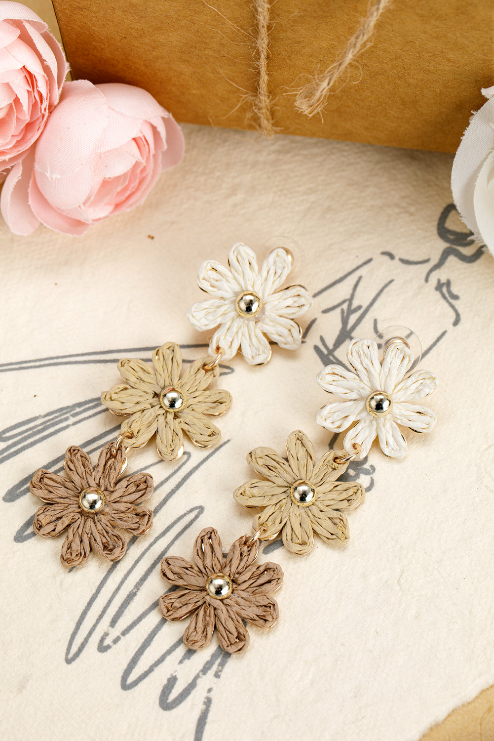 Parchment Crochet Flowers Stud Dangle Earrings