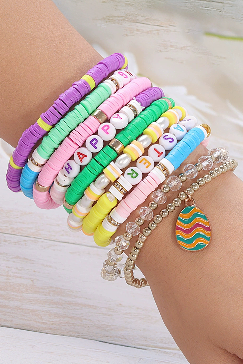 Gold Happy Easter Polymer Clay Beaded Bracelet