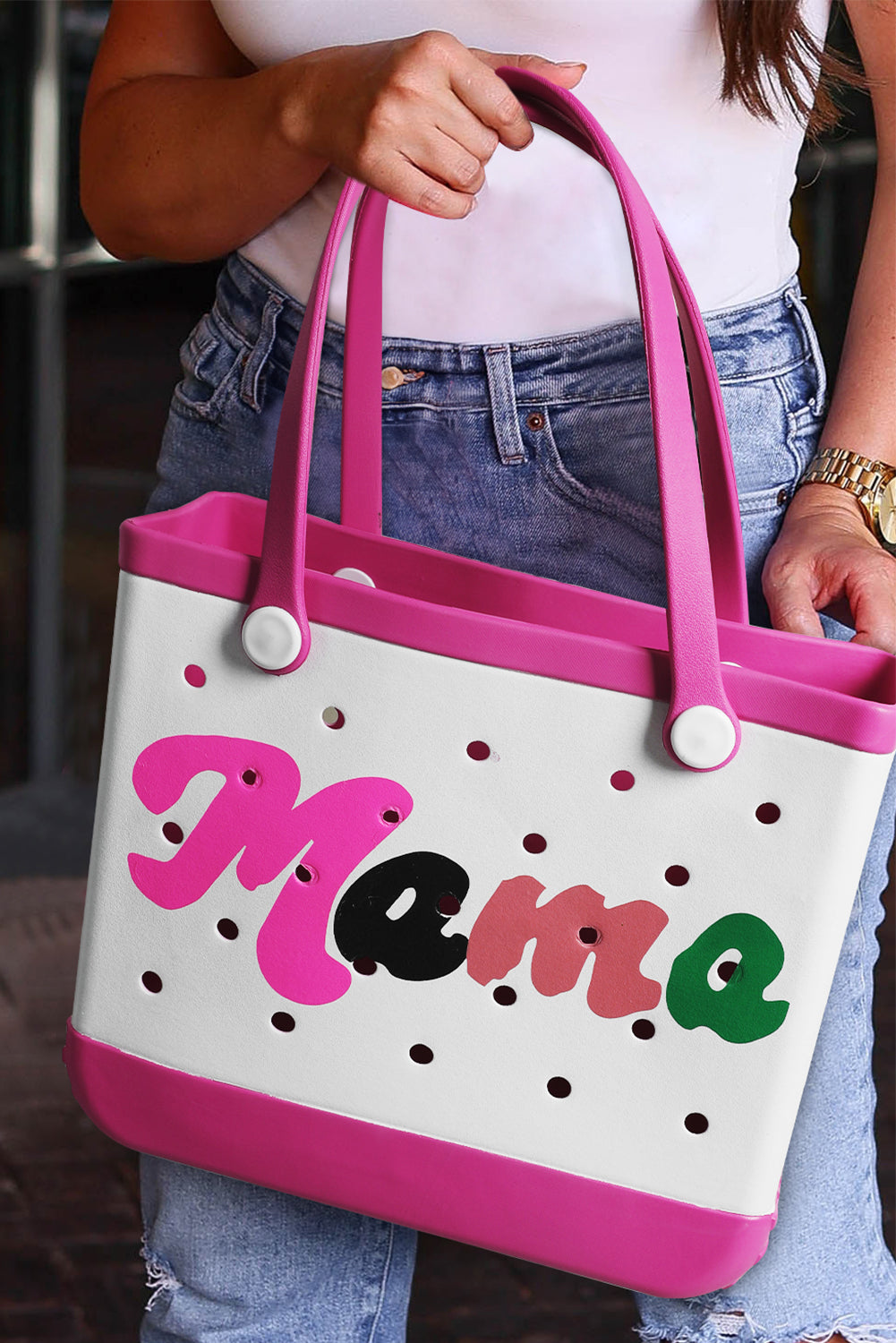 Rose Red mama Print Self-assembly Straps Hollowed EVA Beach Bag