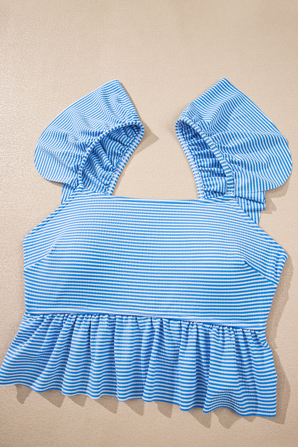 Sky Blue Striped Ruffled Shoulder Peplum Top 2 Piece Tankinis
