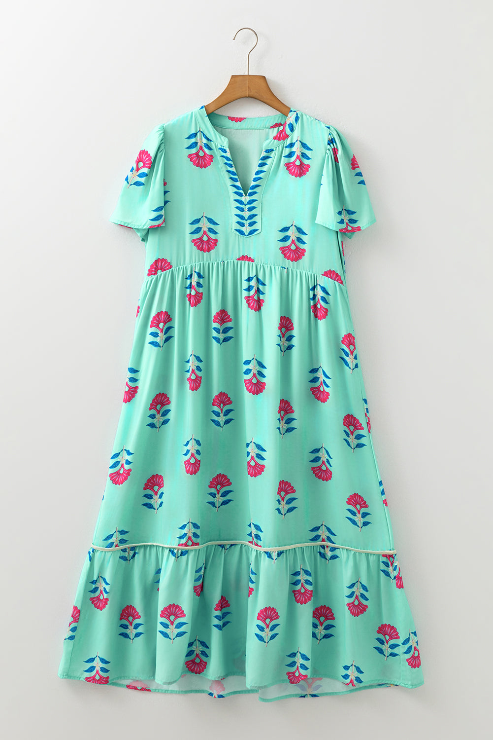 Green Floral Print Notched Neck Butterfly Sleeve Shift Long Dress