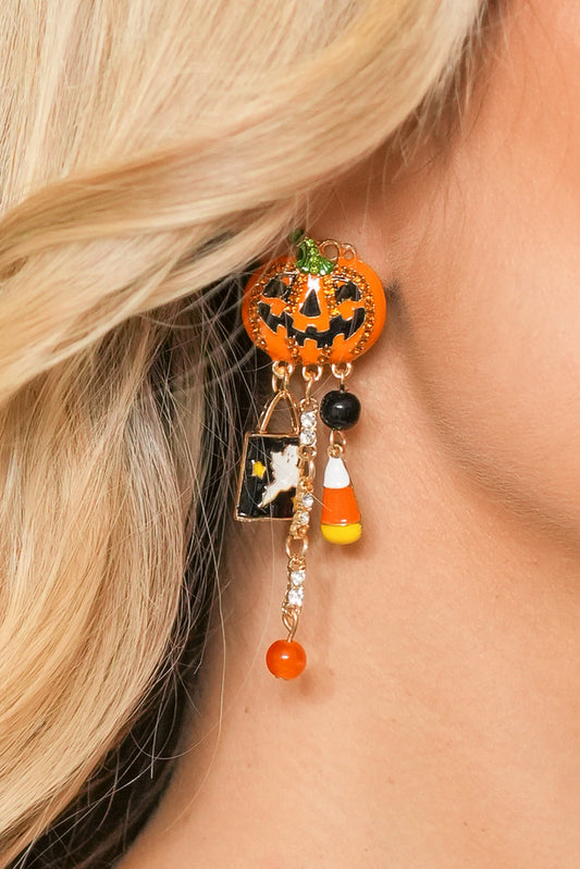 Orange Halloween Rhinestone Pumpkin Ghost Tassel Earrings