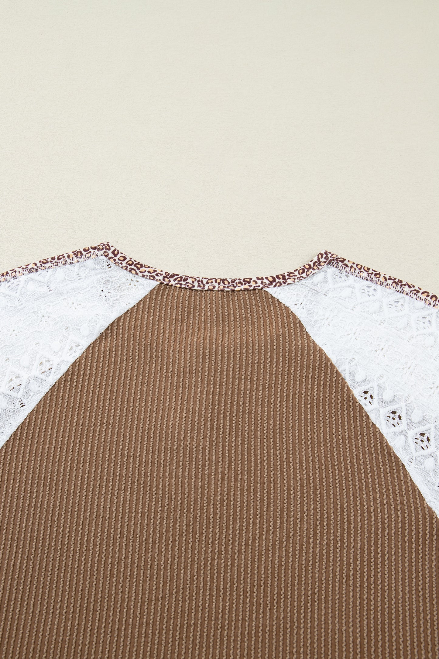 Dark Khaki Twisted Ribbed Leopard Lace Contrast Patchwork Long Sleeve Top